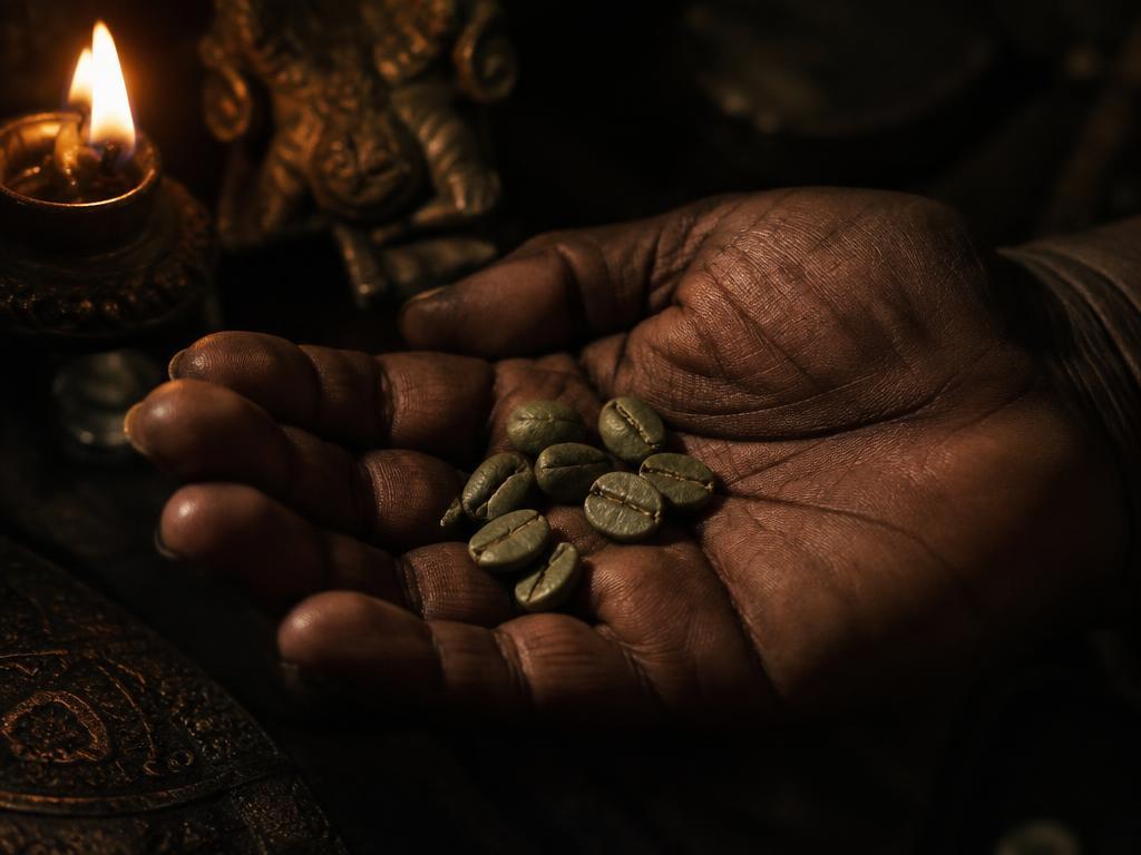 Green and roasted coffee beans in a hand-carved wooden bowl